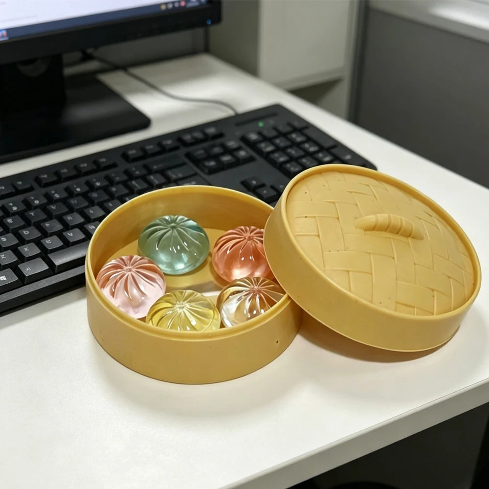 Squishy Steamed Bun Set - 5 Mini Glitter Dumplings in a Bamboo-Style Steamer