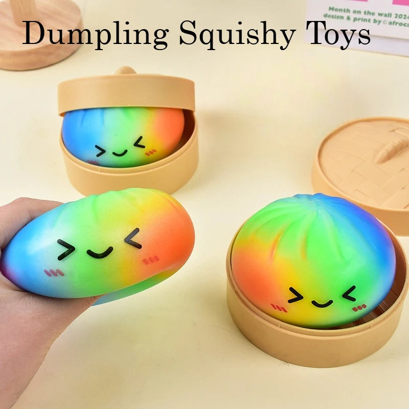 Rainbow Dumpling Squishy in Bamboo Steamer - Slow Rise Squeeze Toy
