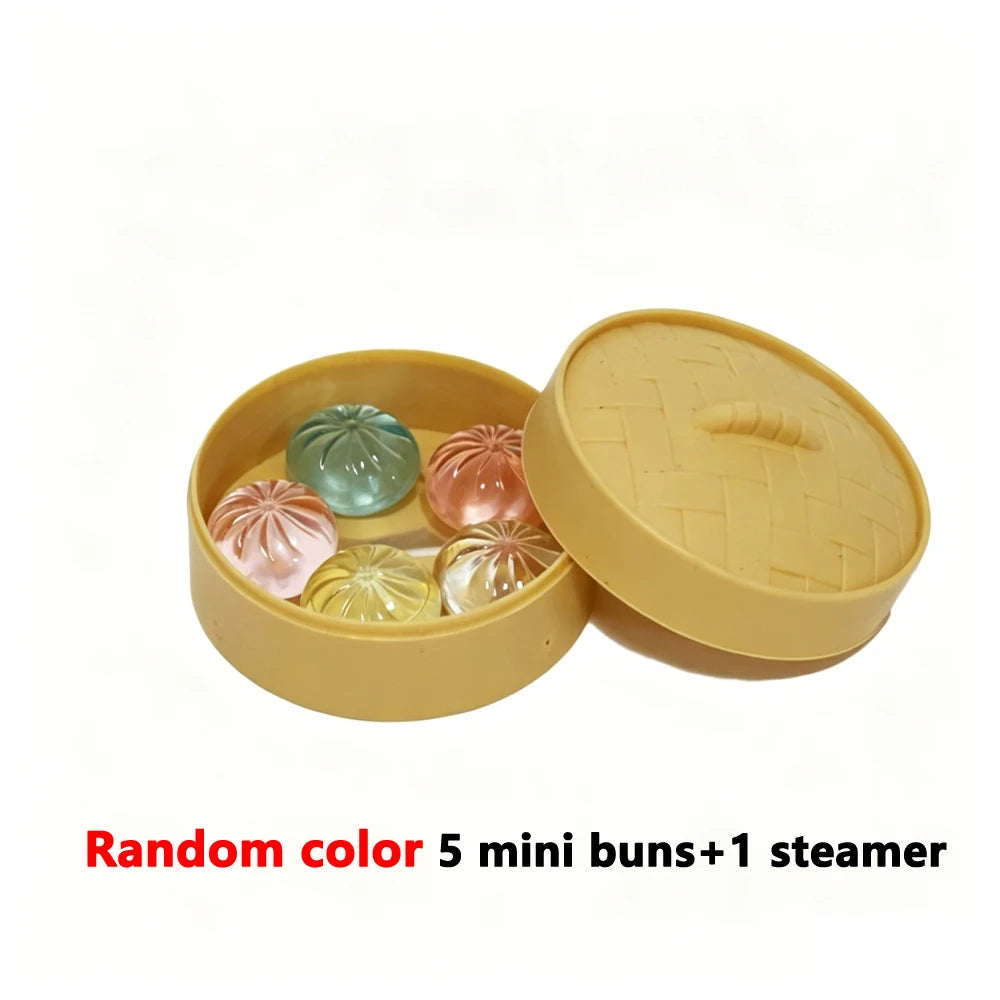 Squishy Steamed Bun Set - 5 Mini Glitter Dumplings in a Bamboo-Style Steamer