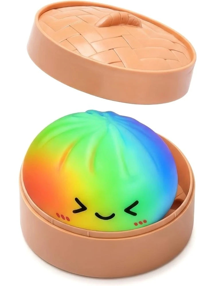 Rainbow Dumpling Squishy in Bamboo Steamer - Slow Rise Squeeze Toy