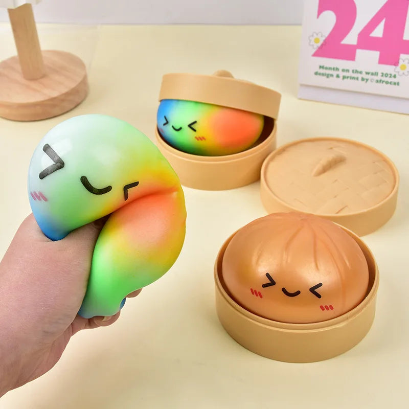 Rainbow Dumpling Squishy in Bamboo Steamer - Slow Rise Squeeze Toy