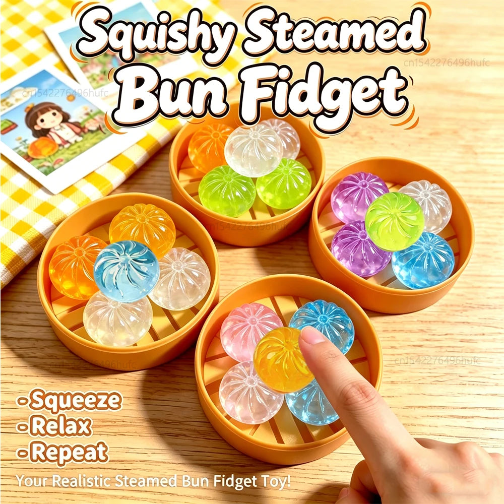 Squishy Steamed Bun Set - 5 Mini Glitter Dumplings in a Bamboo-Style Steamer